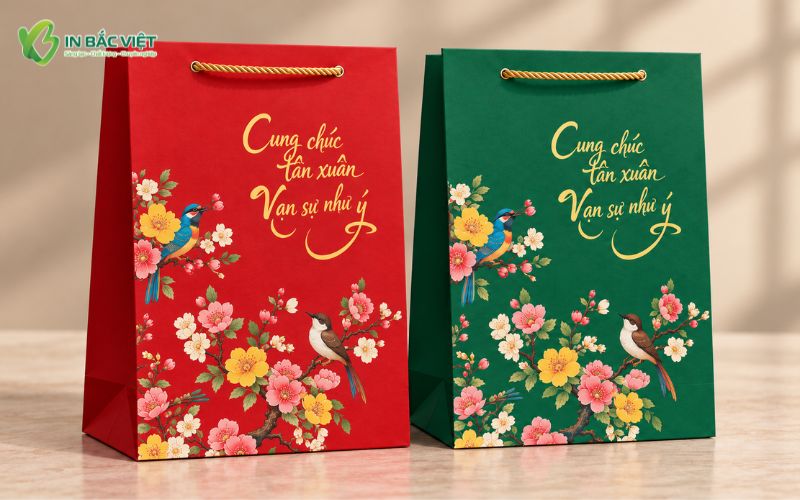 Thiết kế và in túi giấy Tết 2027 đa dạng màu sắc với hai mẫu túi đỏ và xanh lá nổi bật